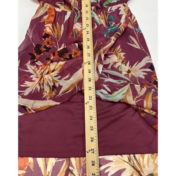 Express Women Maroon Floral Maxi Dress XS Ruffle High Low Flowy Fairy Festival - Picture 15 of 16